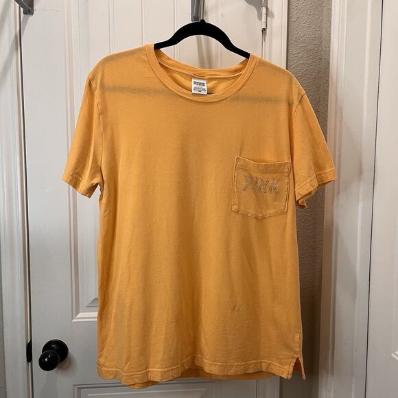 PINK Victorias Secret Women Shirt M Orange Rhinestone Bling Crew Neck Pullover - Picture 6 of 11